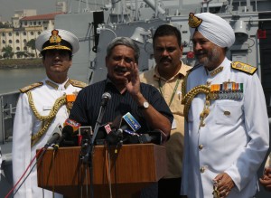 Defence minister Manohar Parrikar addressing the media onboard INS Kochi