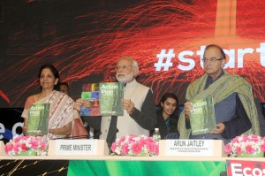 The Prime Minister, Shri Narendra Modi at the launch of Start-Up India, Stand-Up India programme, in New Delhi on January 16, 2016. The Union Minister for Finance, Corporate Affairs and Information & Broadcasting, Shri Arun Jaitley and the Minister of State for Commerce & Industry (Independent Charge), Smt. Nirmala Sitharaman are also seen.