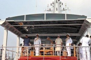 The President, Pranab Mukherjee and the Prime Minister, Narendra Modi at aboard INS Sumitra during at International Fleet Review 2016, Visakhapatnam on February 06, 2016. The Union Minister for Defence, Shri Manohar Parrikar and the Chief of Naval Staff, Admiral R.K. Dhowan are also seen.
