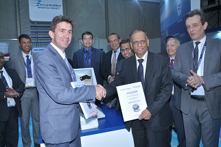 Left to right: Mr Pierre-Eric Pommellet, Executive Vice President, Defence Missions Systems at Thales, exchanging the partnership agreement between Thales and BEL-Thales Systems Limited (BTSL) for joint development of PHAROS fire control radar with Mr S K Sharma, Chairman & Managing Director, Bharat Electronics Limited; in the presence of Mr Rajiv Kumar Sikka, CEO, BTSL, Mr. Eric Lenseigne, VP Marketing and Sales of Thales in the Netherlands, Mr. Antoine Caput, VP & Country Director of Thales in India, and other representatives from BEL, Thales and BTSL at Defexpo India 2016.