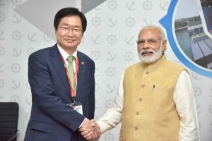 The Minister for Oceans and Fisheries, Republic of Korea, Kim Young Suk meeting the Prime Minister, Narendra Modi, at the  Summit