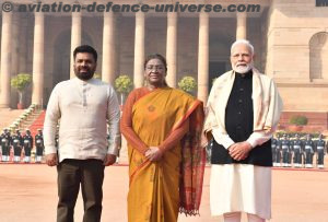 The President of India, Smt. Droupadi Murmu and PM attend the Ceremonial welcome of the President of the Democratic Socialist Republic of Sri Lanka, Mr. Anura Kumara Disanayaka at Rashtrapati Bhawan, in New Delhi on December 16, 2024.